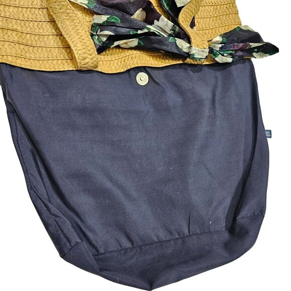 Draper James Woven Straw Tote Bag With Navy Floral Scarf Accent Interior Pockets - Picture 4 of 9